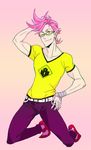  1boy carnibal0380 glasses kiznaiver male_focus pink_hair short_hair solo tenga_hajime yellow_eyes 