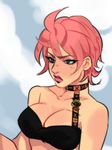  blue_eyes bra breasts choker cleavage collarbone frown highres jojo_no_kimyou_na_bouken jonya lipstick makeup medium_breasts pink_hair pink_lipstick short_hair solo strap trish_una underwear upper_body vento_aureo 