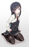  asashio_(kantai_collection) belt black_hair black_legwear blue_eyes blush buttons dress dress_lift eyebrows eyebrows_visible_through_hair highres kantai_collection lifted_by_self long_hair looking_at_viewer mitsudoue neck_ribbon no_shoes pantyhose parted_lips pinafore_dress red_ribbon remodel_(kantai_collection) ribbon school_uniform shiny shiny_clothes sidelocks signature simple_background sitting solo sweatdrop thighband_pantyhose white_background 