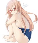  breasts brown_eyes brown_hair glasses large_breasts long_hair school_swimsuit shiraishi_(tanakeda) sideboob simple_background sitting smile solo swimsuit tanaka-kun_wa_itsumo_kedaruge tilt-shift two_side_up white_background 