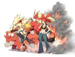  arcanine asuna_(pokemon) belt blaziken breasts camerupt claws cleavage collarbone crop_top denim fangs fire front-tie_top gen_1_pokemon gen_2_pokemon gen_3_pokemon hand_on_hip horns houndoom jeans large_breasts long_hair magcargo midriff navel pants poke_ball pokemon pokemon_(creature) pokemon_(game) pokemon_oras ponytail red_hair shirt smoke tied_shirt tm_(hanamakisan) torkoal 