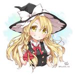  blonde_hair bow braid clown_222 colored_eyelashes commentary_request grin hair_tucking hat hat_bow kirisame_marisa long_hair looking_at_viewer playing_with_own_hair side_braid smile solo teeth touhou white_bow witch_hat yellow_eyes 