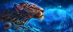  2016 ambiguous_gender black_nose blue_eyes cheetah detailed_background feline feral flashw fur hi_res mammal night outside partially_submerged shells sky solo spots spotted_fur star starry_sky swimming tan_fur water wave whiskers 