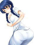  ass blue_eyes braid breasts brown_eyes chef_uniform hand_on_own_chest leaning_forward looking_at_viewer looking_back medium_breasts pantylines shokugeki_no_souma simple_background smile solo tadokoro_megumi twin_braids white_background yottan 