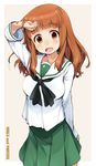  :d adjusting_hair bad_id bad_pixiv_id blush brown_eyes brown_hair copyright_name girls_und_panzer green_skirt long_hair looking_at_viewer ooarai_school_uniform open_mouth revision sala_mander school_uniform serafuku skirt smile solo takebe_saori 