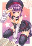  ;) book detached_sleeves fate/grand_order fate_(series) hat helena_blavatsky_(fate/grand_order) looking_at_viewer marker_(medium) one_eye_closed open_book purple_eyes purple_hair revision salute short_hair smile solo thighhighs traditional_media tree_of_life white_sleeves yuto_takumi 