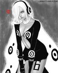  1girl 6 cleavage dress gloves hair_over_one_eye headphones monochrome one_piece short_dress solo vinsmoke_reiju 