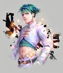  bad_id bad_tumblr_id crop_top diamond_wa_kudakenai earrings green_eyes green_hair grey_background headband jewelry jojo_no_kimyou_na_bouken jostarjo kishibe_rohan male_focus midriff navel solo sparkle upper_body 