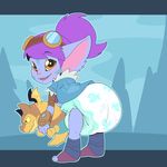  big_ears blue_skin blush clothing cloud cuddlehooves diaper dragon eyewear female goggles hair league_of_legends looking_at_viewer open_mouth plushie purple_hair sky solo teeth tree tristana_(lol) video_games yordle 