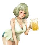  alcohol beer beer_mug blue_shorts blush breasts brown_hair cleavage collarbone cowboy_shot cup dress green_eyes halterneck head_tilt highres holding holding_cup huge_breasts idolmaster idolmaster_cinderella_girls jewelry leaning_forward mole mole_under_eye necklace one_eye_closed parted_lips shibusun short_hair shorts smile solo takagaki_kaede white_background white_dress 