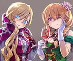  3678177 ambiguous_red_liquid belladonna_(flower_knight_girl) black_bow blonde_hair blood blue_eyes bow brown_hair cup drinking_glass flower_knight_girl gloves grey_background hair_between_eyes hair_bow long_hair multiple_girls one_eye_closed ooonibasu_(flower_knight_girl) purple_eyes purple_gloves short_hair smile upper_body white_gloves wine_glass 