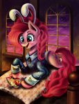  2015 blue_eyes bowl candy clothed clothing costume cutie_mark das-leben earth_pony equine female feral food friendship_is_magic fur hair horse inside lying mammal my_little_pony night on_front open_mouth pink_fur pink_hair pinkie_pie_(mlp) pony sky smile solo star window 