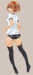 absurdres ass back black_legwear blue_eyes breasts brown_hair buruma from_behind full_body grey_background gym_uniform highres looking_at_viewer looking_back makimura_shunsuke original short_hair simple_background small_breasts solo thighhighs 