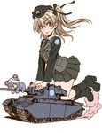  1girl bandage bear beret blush boots centurion_(tank) girls_und_panzer grey_eyes grey_hair hair_ribbon hairband ribbon shimada_arisu side_ponytail simple_background skirt smoke solo stuffed_animal tank tie uniform vest yamashita_shun&#039;ya 