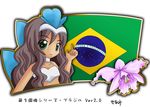 1girl brazil brazilian_flag brown_hair flag flower green_eyes long_hair murakami_senami tagme upper_body 