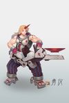  armor cosplay cup fingerless_gloves gloves highres horn hoshiguma_yuugi muscle muscular_female overwatch sakazuki short_hair star tattoo touhou weapon zarya_(overwatch) zarya_(overwatch)_(cosplay) zhengyifan7 