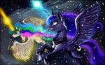  2016 battle blue_eyes blue_feathers blue_fur blue_hair cloud crown cutie_mark das-leben duo equine feathered_wings feathers female feral flying friendship_is_magic fur hair horn jewelry long_hair magic mammal multicolored_hair my_little_pony necklace princess_celestia_(mlp) princess_luna_(mlp) purple_eyes sky snow spread_wings white_feathers white_fur winged_unicorn wings 