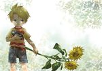  belt blonde_hair cowboy_shot flower green_eyes holding holding_flower ichiyo_(ichiyon) lucas male_focus mother_(game) mother_3 quiff shirt shorts solo striped striped_shirt sunflower 