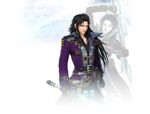  3d amano_yoshitaka black_hair blue_eyes cloud final_fantasy final_fantasy_brave_exvius gloves highres lasswell long_hair male_focus official_art simple_background solo sword weapon white_background 