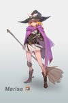  adapted_costume apron blonde_hair bow braid broom capelet cosplay full_body hair_tubes hat hat_bow highres holding holding_broom kirisame_marisa mccree_(overwatch) mccree_(overwatch)_(cosplay) miniskirt overwatch side_braid single_braid skirt solo touhou waist_apron witch_hat yellow_eyes zhengyifan7 