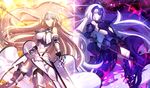  armor armored_boots bare_shoulders blonde_hair blue_eyes boots chain cowter fate/apocrypha fate/grand_order fate_(series) fur_trim gauntlets gorget highres jeanne_d'arc_(alter)_(fate) jeanne_d'arc_(fate) jeanne_d'arc_(fate)_(all) long_hair md5_mismatch multiple_girls pale_skin shinooji standard_bearer sword very_long_hair weapon yellow_eyes 