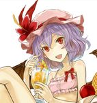  :d adapted_costume bare_shoulders bikini blush bow breasts collarbone commentary_request flower frilled_bikini frills hat hat_flower hibiscus kazabana_fuuka lavender_hair looking_at_viewer mob_cap open_mouth pink_bikini red_bow red_eyes remilia_scarlet short_hair small_breasts smile solo swimsuit touhou tropical_drink upper_body 