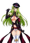  belt boots breasts c.c. code_geass elbow_gloves gloves green_hair hat large_breasts long_hair looking_at_viewer navel open_clothes peaked_cap riding_crop shiny shiny_skin solo standing thigh_boots thighhighs whip white_footwear white_legwear yellow_eyes yuuki_homura 