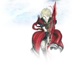  amano_yoshitaka blonde_hair blue_eyes boots cloud final_fantasy final_fantasy_brave_exvius highres male_focus official_art rain_(ff_be) simple_background solo sword weapon white_background 