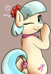  2016 anus blue_eyes brown_background butt buttplug coco_pommel_(mlp) cutie_mark earth_pony equine female feral friendship_is_magic fur hair horse looking_at_viewer looking_back mammal multicolored_hair my_little_pony neighday one_eye_closed pony pussy scarf sex_toy simple_background smile solo tan_fur two_tone_hair 