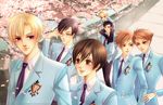  1_female 1girl 6+boys 6_males black_hair blazer blonde_hair brothers brown_eyes brown_hair cherry_blossoms cherry_tree flower fujioka_haruhi glasses haninozuka_mitsukuni hitachiin_hikaru hitachiin_kaoru morinozuka_takashi multiple_boys ootori_kyouya orange_hair ouran_high_school_host_club saucer school_uniform shoulder_carry siblings smile suou_tamaki trap wink 