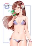  a_(saintblue09) adapted_costume bikini brown_eyes brown_hair can d.va_(overwatch) facial_mark headphones long_hair looking_at_viewer lowleg lowleg_bikini mountain_dew nail_polish overwatch side-tie_bikini smile soda_can solo swimsuit whisker_markings 