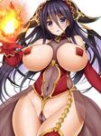  black_hair blush breasts character_request cleavage dragon_girl eyebrows_visible_through_hair fire gloves horns inma_kourin_devil_carnival large_breasts long_hair looking_at_viewer navel open_mouth pasties purple_eyes red_gloves red_legwear revealing_clothes seta_(monyun) solo teeth thighhighs 