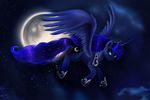  2015 absurd_res blue_feathers blue_fur blue_hair cloud cosmic_hair crown cutie_mark das-leben equine feathered_wings feathers female feral flying friendship_is_magic fur hair hi_res horn jewelry looking_at_viewer mammal moon my_little_pony necklace night princess_luna_(mlp) sky solo spread_wings star winged_unicorn wings 