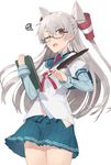  amatsukaze_(kantai_collection) bare_hips brown_eyes clipboard cosplay glasses hair_ribbon hair_tubes hayashi_kewi hip_vent kantai_collection long_hair looking_at_viewer one_eye_closed ooyodo_(kantai_collection) ooyodo_(kantai_collection)_(cosplay) open_mouth pleated_skirt quill ribbon school_uniform semi-rimless_eyewear serafuku silver_hair simple_background skirt solo two_side_up white_background windsock 