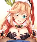  ;d aqua_eyes black_gloves blonde_hair blush breasts clarisse_(granblue_fantasy) commentary_request gloves granblue_fantasy hat heart heart-shaped_pupils large_breasts long_hair looking_at_viewer one_eye_closed open_mouth paizuri penis revision santa_hat smile solo_focus symbol-shaped_pupils uni8 