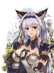  animal_ears armor armored_dress blurry braid breast_hold breasts brown_eyes cat_ears covering covering_breasts depth_of_field erune gauntlets granblue_fantasy hair_between_eyes hair_intakes hair_tubes hairband hand_on_own_chest heles highres long_hair looking_at_viewer open_mouth pauldrons shoulder_armor shy silver_hair single_braid solo spaulders tiara very_long_hair wavy_mouth white_crow 