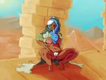  ana_(overwatch) braid breasts dark_skin eyepatch facial_mark facial_tattoo hijab hood large_breasts long_hair mature nipples old_woman outdoors overwatch pubic_hair pussy solo spread_legs squatting tattoo welp white_hair 