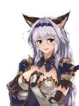  animal_ears armor armored_dress blurry braid breast_hold breasts brown_eyes cat_ears erune gauntlets granblue_fantasy hair_between_eyes hair_intakes hair_tubes hairband hand_on_own_chest heles highres long_hair looking_at_viewer open_mouth shoulder_armor shy silver_hair simple_background single_braid solo spaulders very_long_hair wavy_mouth white_background white_crow 