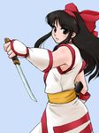  ainu_clothes bangs black_eyes black_hair blue_background bow dagger fingerless_gloves gloves hair_bow hairband long_hair looking_at_viewer nakoruru red_bow reverse_grip samurai_spirits sash sheath solo spring_rain straight_hair weapon 