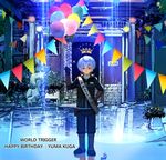  1boy 2016 bad_id bad_pixiv_id balloon bangs belt_pouch birthday black_gloves black_jacket black_pants boots brick_wall building character_name closed_mouth copyright_name crack crown door dripping eyebrows eyebrows_visible_through_hair full_body gloves grass hand_on_hip hand_up holding jacket kero_sweet kuga_yuuma lamp light_particles long_sleeves looking_at_viewer male_focus pants plant pouch puddle railing red_eyes reflection sash signature silver_hair smile solo sparkle standing string_of_flags vambraces water white_hair world_trigger 