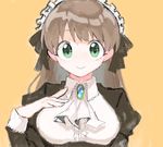  bad_id bad_pixiv_id bangs black_ribbon brown_hair cravat f_(f_gmmr2) green_eyes hair_ribbon hand_on_own_chest idolmaster idolmaster_cinderella_girls long_hair long_sleeves looking_at_viewer maid_headdress makihara_shiho orange_background ribbon simple_background smile solo tegaki upper_body 