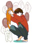  barefoot brown_eyes brown_hair cat denim esper_nyanko hastune hood hoodie jeans male_focus matsuno_osomatsu osomatsu-kun osomatsu-san pants simple_background squatting translation_request white_background 