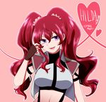  :d breasts character_name copyright_name cross_ange ears fingerless_gloves gloves hair_between_eyes hair_ornament hair_scrunchie heart highres hilda_(cross_ange) long_hair looking_away looking_to_the_side midriff momomoka128 navel open_mouth purple_eyes red_hair scrunchie sidelocks simple_background smile solo twintails upper_body 