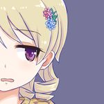  alternate_eye_color bangs blonde_hair drill_hair eyebrows_visible_through_hair face flower frown hair_flower hair_ornament hairclip idolmaster idolmaster_cinderella_girls kurabayashi_aya looking_away morikubo_nono open_mouth purple_background purple_eyes short_hair simple_background solo tears upper_body 