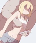  1girl blonde_hair clothed_female_nude_male commentary grey_eyes highres injection midriff navel navel_insertion nns_(sobchan) nude original ryona shaded_face short_hair shorts simple_background sweat 