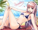  alcohol bad_id bad_twitter_id bangs beach bikini blunt_bangs breasts champagne champagne_flute character_name cup drinking_glass fate/grand_order fate_(series) front-tie_bikini front-tie_top full_body heart holding long_hair looking_at_viewer medb_(fate)_(all) medb_(fate/grand_order) medium_breasts navel ocean open_mouth pink_hair purple_bikini shimo_(s_kaminaka) side-tie_bikini smile solo stomach swimsuit tiara yellow_eyes 