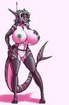  anthro areola big_breasts breasts clitoris collar female fish garter half-closed_eyes huge_breasts hybrid jewelry looking_at_viewer machine marine navel navel_piercing necklace nipple_piercing nipples piercing pussy robot shark simple_background solo standing talynn white_background 