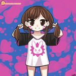  artist_name bangs blue_background brown_eyes brown_hair bunching_hair collarbone commentary cowboy_shot d.va_(overwatch) derivative_work facepaint facial_mark grin holding holding_hair long_hair looking_at_viewer lumineko no_pants overwatch patreon_logo patreon_username purple_background raglan_sleeves shirt short_sleeves signature smile solo swept_bangs t-shirt twintails watermark web_address whisker_markings younger 