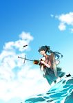  aircraft airplane arrow bangs black_hair blue_eyes blue_sky cloud commentary_request crying crying_with_eyes_open day flight_deck floral_print gloves hair_ribbon hakama hands_together houshou_(kantai_collection) japanese_clothes kantai_collection kousetsu_(nonosuke) long_hair ocean open_mouth partly_fingerless_gloves ponytail quiver ribbon rigging single_glove sketch sky solo tasuki tears thighhighs wide_sleeves yugake 