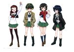  ;d absurdres bandana black_hair black_legwear blonde_hair brown_eyes caesar_(girls_und_panzer) collarbone copyright_name erwin_(girls_und_panzer) girls_und_panzer green_skirt hand_on_hip hands_in_pockets haori hat highres japanese_clothes long_hair multiple_girls muneate official_art one_eye_closed ooarai_school_uniform open_mouth oryou_(girls_und_panzer) pleated_skirt red_scarf saemonza scarf school_uniform shirt short_hair simple_background skirt smile thighhighs white_background white_shirt zettai_ryouiki 